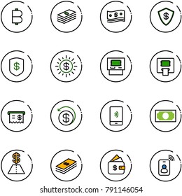 line vector icon set - bitcoin vector, dollar, cash, safe, sun, atm, receipt, money back, mobile payment, finance management, identity card