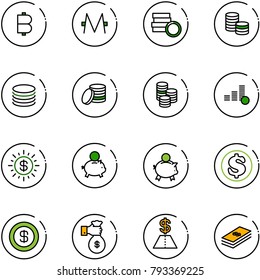 line vector icon set - bitcoin vector, monero, coin, dollar sun, piggy bank, rich