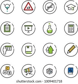 line vector icon set - bladder vector, children road sign, end overtake limit, graduate hat, clipboard, presentation board, round flask, calculator, book, arrow up, pencil, abc cube, xylophone, toy