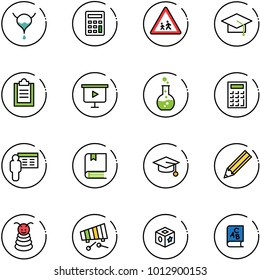 line vector icon set - bladder vector, calculator, children road sign, graduate hat, clipboard, presentation board, round flask, book, pencil, pyramid toy, xylophone, cube, abc