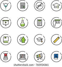 line vector icon set - bladder vector, calculator, end overtake limit road sign, graduate hat, presentation board, round flask, book, arrow up, ruler, pyramid toy, abacus, xylophone, abc