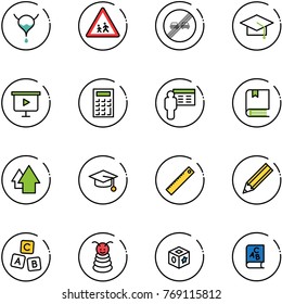 line vector icon set - bladder vector, children road sign, end overtake limit, graduate hat, presentation board, calculator, book, arrow up, ruler, pencil, abc cube, pyramid toy
