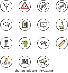 line vector icon set - bladder vector, children road sign, end speed limit, overtake, graduate hat, clipboard, presentation board, round flask, calculator, arrow up, ruler, abc cube, abacus
