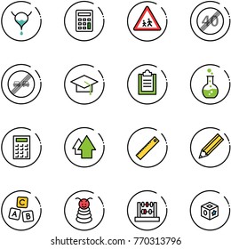 line vector icon set - bladder vector, calculator, children road sign, end speed limit, overtake, graduate hat, clipboard, round flask, arrow up, ruler, pencil, abc cube, pyramid toy, abacus