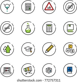 line vector icon set - bladder vector, calculator, children road sign, end speed limit, overtake, round flask, book, arrow up, graduate hat, pencil, abc cube, abacus, xylophone, toy