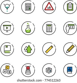 line vector icon set - bladder vector, calculator, children road sign, clipboard, presentation board, round flask, book, arrow up, ruler, pencil, abc cube, pyramid toy