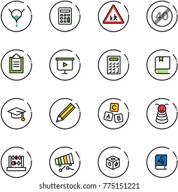 line vector icon set - bladder vector, calculator, children road sign, end speed limit, clipboard, presentation board, book, graduate hat, pencil, abc cube, pyramid toy, abacus, xylophone