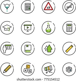 line vector icon set - bladder vector, calculator, children road sign, end overtake limit, graduate hat, presentation board, round flask, book, arrow up, ruler, pencil, abc cube, xylophone, toy