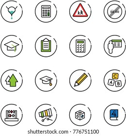 line vector icon set - bladder vector, calculator, children road sign, end overtake limit, graduate hat, clipboard, presentation, arrow up, pencil, abc cube, abacus, xylophone, toy, book