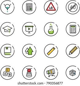 line vector icon set - bladder vector, calculator, children road sign, end speed limit, graduate hat, presentation board, round flask, book, arrow up, ruler, pencil, abc cube, pyramid toy, xylophone