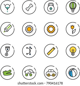 line vector icon set - bladder vector, broken bone, weight, air balloon, highlight marker, sun, tulip, piston, bezier, ruler, bulb, crocodile, elephant wheel, car, basketball