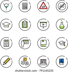 line vector icon set - bladder vector, calculator, children road sign, end speed limit, graduate hat, clipboard, presentation board, round flask, book, pencil, abc cube, abacus