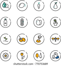 line vector icon set - blood test vector, lemon, carrot, pear, milk, spica, eggs, flower pot, sproute, coconut cocktail, palm, dragonfly, tulip, forest, recycling
