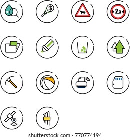 line vector icon set - blood test vector, money torch, cow road sign, limited width, folder, highlight marker, garbage, arrow up, rock axe, ball, printer wireless, micro flash card, satellite