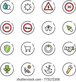 line vector icon set - blood test vector, virus, intersection road sign, speed limit 30, 90, no cart horse, home, cursor, shield, standby, agreement, office chair, beach, anchor, wrench