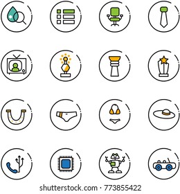 line vector icon set - blood test vector, menu, office chair, tie, tv news, award, luck, swimsuit, woman hat, phone, cpu, robot, toy car