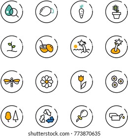 line vector icon set - blood test vector, lemon, carrot, flower pot, sproute, coconut cocktail, palm, dragonfly, tulip, forest, recycling, oiler