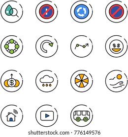 line vector icon set - blood test vector, no parkin odd, circle road sign, parking, friends, redo, chart point arrow, money smile, dollar growth, rain cloud, parasol, waves, wireless home, playback
