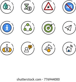 line vector icon set - blood test vector, account history, abrupt turn right road sign, end minimal speed limit, pedestrian way, social, target, paper fly, dollar growth, money dialog, dolphin