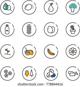 line vector icon set - blood test vector, lemon, pear, broccoli, milk, spica, eggs, flower pot, sproute, coconut cocktail, banana, forest, recycling, oiler