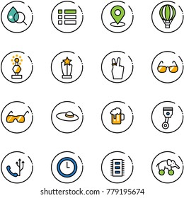 line vector icon set - blood test vector, menu, map pin, air balloon, award, victory, sunglasses, woman hat, beer, piston, phone, clock, chip, elephant wheel