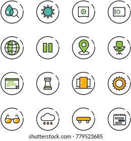 line vector icon set - blood test vector, sun, safe, globe, pause, map pin, office chair, schedule, chess tower, doors, sunglasses, rain cloud, skateboard, terms plan