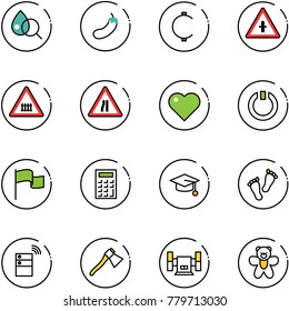 line vector icon set - blood test vector, eggplant, cent, intersection road sign, railway, narrows, heart, standby, flag, calculator, graduate hat, feet, server wireless, axe, sharpening, bear toy