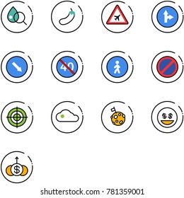 line vector icon set - blood test vector, eggplant, airport road sign, only forward right, detour, end minimal speed limit, pedestrian way, no parking, target, cloud, moon flag, money smile
