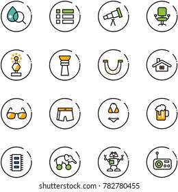line vector icon set - blood test vector, menu, telescope, office chair, award, luck, home, sunglasses, swimsuit, beer, chip, elephant wheel, robot, radio