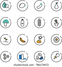 line vector icon set - blood test vector, lemon, eggplant, pear, broccoli, milk, spica, flower pot, sproute, banana, palm, water power plant, recycling, oiler