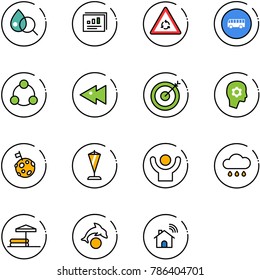 line vector icon set - blood test vector, statistics report, round motion road sign, bus, social, fast backward, target, brain work, moon flag, pennant, success, rain cloud, inflatable pool, dolphin