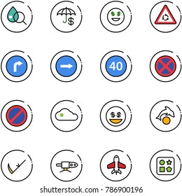 line vector icon set - blood test vector, insurance, dollar smile, round motion road sign, only right, minimal speed limit, no stop, parking, cloud, money, dolphin, scythe, pipe welding, toy plane