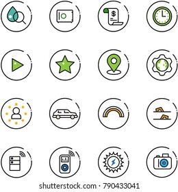 line vector icon set - blood test vector, safe, account history, time, play, star, map pin, gear globe, man, limousine, rainbow, flip flops, server wireless, music player, sun power, camera