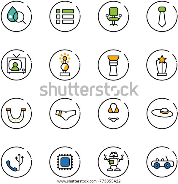 line vector icon set - blood test vector, menu,\
office chair, tie, tv news, award, luck, swimsuit, woman hat,\
phone, cpu, robot, toy\
car