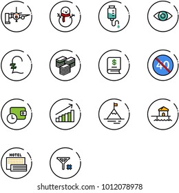 line vector icon set - boarding passengers vector, snowman, drop counter, eye, pound, big cash, annual report, end minimal speed limit road sign, wallet time, growth, mountain, bungalow, sea hotel