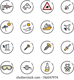 line vector icon set - boarding passengers vector, dog, tractor way road sign, key, beach, waves, cruiser, plane, oil derrick, screw, clinch, protective glasses, jack, brush, bear toy