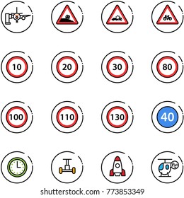line vector icon set - boarding passengers vector, steep roadside road sign, car crash, for moto, speed limit 10, 20, 30, 80, 100, 110, 130, minimal, time, gyroscope, rocket, helicopter toy