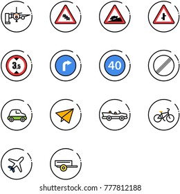 line vector icon set - boarding passengers vector, multi lane traffic road sign, climb, intersection, limited height, only right, minimal speed limit, no, car, paper fly, cabrio, bike, plane