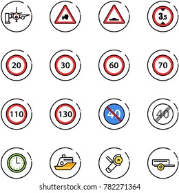 line vector icon set - boarding passengers vector, tractor way road sign, artificial unevenness, limited height, speed limit 20, 30, 60, 70, 110, 130, end minimal, time, cruiser, Angular grinder