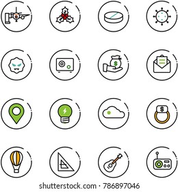 line vector icon set - boarding passengers vector, holly, pill, virus, safe, investment, opened mail, map pin, idea, cloud, finger ring, air balloon, corner ruler, guitar, radio