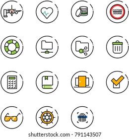 line vector icon set - boarding passengers vector, heart pulse, coin, customs road sign, lifebuoy, network folder, shared, trash bin, calculator, book, doors, check, sunglasses, hand wheel