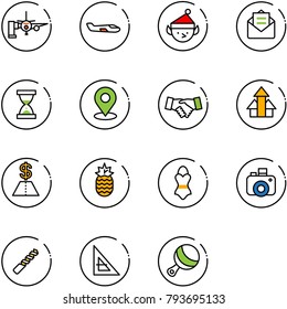 line vector icon set - boarding passengers vector, small plane, christmas elf, opened mail, sand clock, map pin, agreement, arrows up, dollar, pineapple, swimsuit, camera, drill, corner ruler