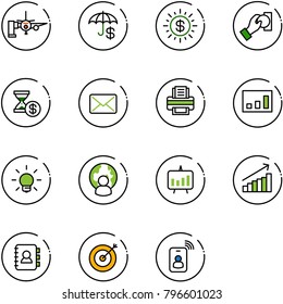 line vector icon set - boarding passengers vector, insurance, dollar sun, cash pay, account history, mail, printer, statistics, bulb, man globe, presentation chart, growth, contact book, target