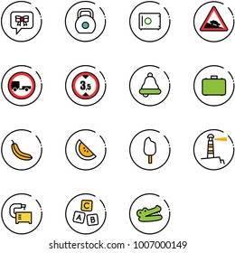 line vector icon set - bow message vector, weight, safe, steep descent road sign, no trailer, limited height, bell, case, banana, watermelone, ice cream, lighthouse, machine tool, abc cube