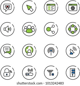 line vector icon set - bow message vector, cursor, website, browser globe, volume medium, group, share, friends, chat, man, antenna, satellite, wireless lock, wi fi router, no signal, server