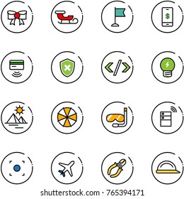 line vector icon set - bow vector, sleigh, flag, mobile payment, tap pay, shield cross, tag code, idea, pyramid, parasol, diving, server wireless, record button, plane, side cutters
