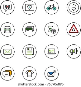 line vector icon set - bow message vector, first aid kit, bike, dollar coin, credit card, account history, round motion road sign, mail, save, statistics monitor, megaphone, dialog, t shirt