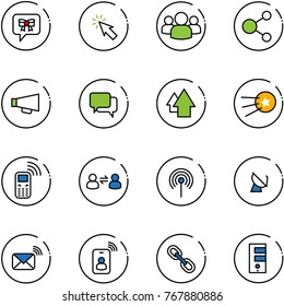 line vector icon set - bow message vector, cursor, group, share, loudspeaker, dialog, arrow up, first satellite, mobile phone, information exchange, antenna, wireless mail, identity card, link