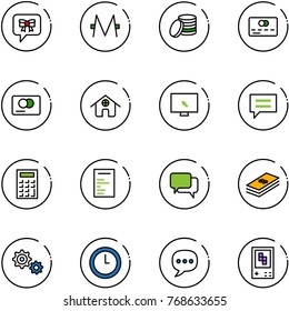 line vector icon set - bow message vector, monero, coin, credit card, home, monitor cursor, chat, calculator, document, dialog, dollar, gear, clock, game console