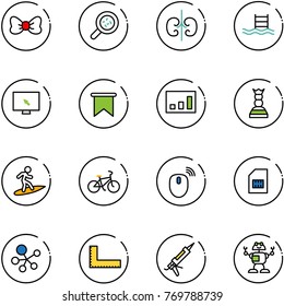 line vector icon set - bow vector, bacteria, kidneys, pool, monitor cursor, flag, statistics, chess queen, surfing, bike, mouse wireless, sim, molecule, corner ruler, gun sealant, robot